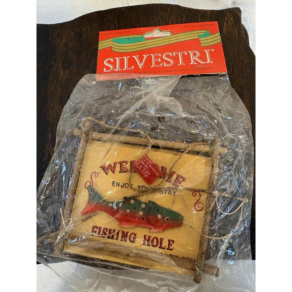NEW Vintage Silvestri Christmas Ornament Welcome Fishing hole sign Wood